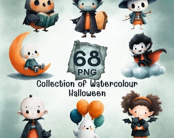 Watercolor Halloween Clipart PNG | 68 Spooky Characters (Digital Download)