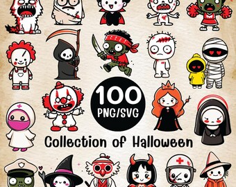 Horror Halloween Clipart Bundle | Zombie, Vampire, Clown, Witch, Reaper (100 PNG SVG)