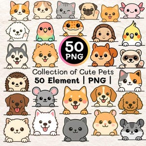 Puede incluir: Una colección de 50 ilustraciones de mascotas de estilo caricatura en formato PNG. La imagen presenta varios animales, incluyendo perros, gatos, aves y otras pequeñas criaturas, cada uno con una apariencia amigable. El texto "Collection of Cute Pets" también está incluido.