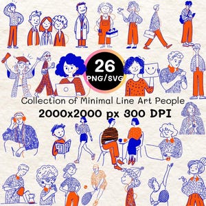以下が含まれることがあります： 青とオレンジの線画イラスト26点のコレクション。ノートパソコンでの作業、ウォーキング、スポーツなどの様々な活動が描かれており、26 PNG/SVG Collection of Minimal Line Art People 2000x2000 px 300 DPIというテキストが含まれています。