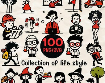 Lifestyle People Clipart Bundle SVG PNG | 100 Doodle Character Clipart |