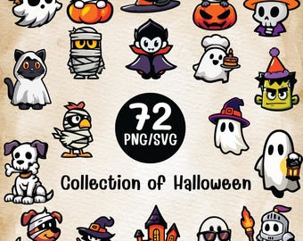 72 Halloween Clipart PNG SVG | Spooky Ghost Pumpkin Witch Vampire Mummy Stickers