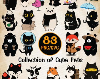 Kawaii Black Pet Clipart Bundle | 83 Animal Characters (PNG/SVG)