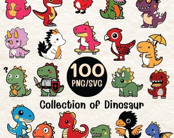 Kawaii Dinosaur Clipart Bundle | 100 SVG PNG Characters (Instant Download)