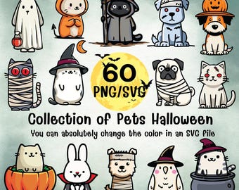 Halloween Pet Clipart Bundle | 60 Kawaii Animal Costumes (SVG, PNG)