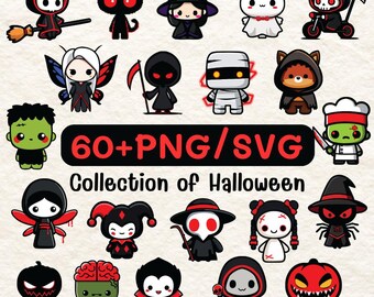 Kawaii Halloween Clipart Bundle | Chibi Witch, Grim Reaper, Zombie Characters (SVG PNG)
