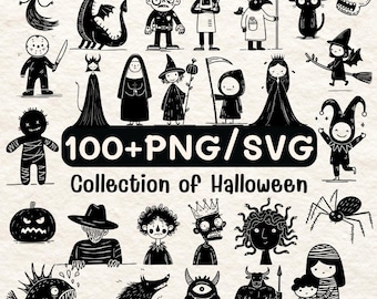 Halloween Clipart Bundle SVG PNG | 100+ Spooky Doodle Characters