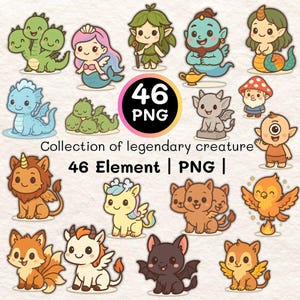 Chibi Mytiska Varelser PNG Set – 46 Fantasy Djur Clipart (Digital Nedladdning)