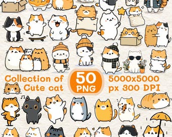 50 Kawaii Cat Clipart PNG – Adorable Kitten Graphics for Crafts (Instant Download)