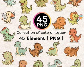Chibi Dinosaur Clipart | 45 Dino PNG Stickers (Digital Download)