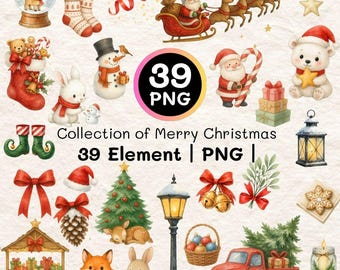 Watercolor Christmas Clipart | 39 PNG Bundle | Santa, Animals (Digital Download)