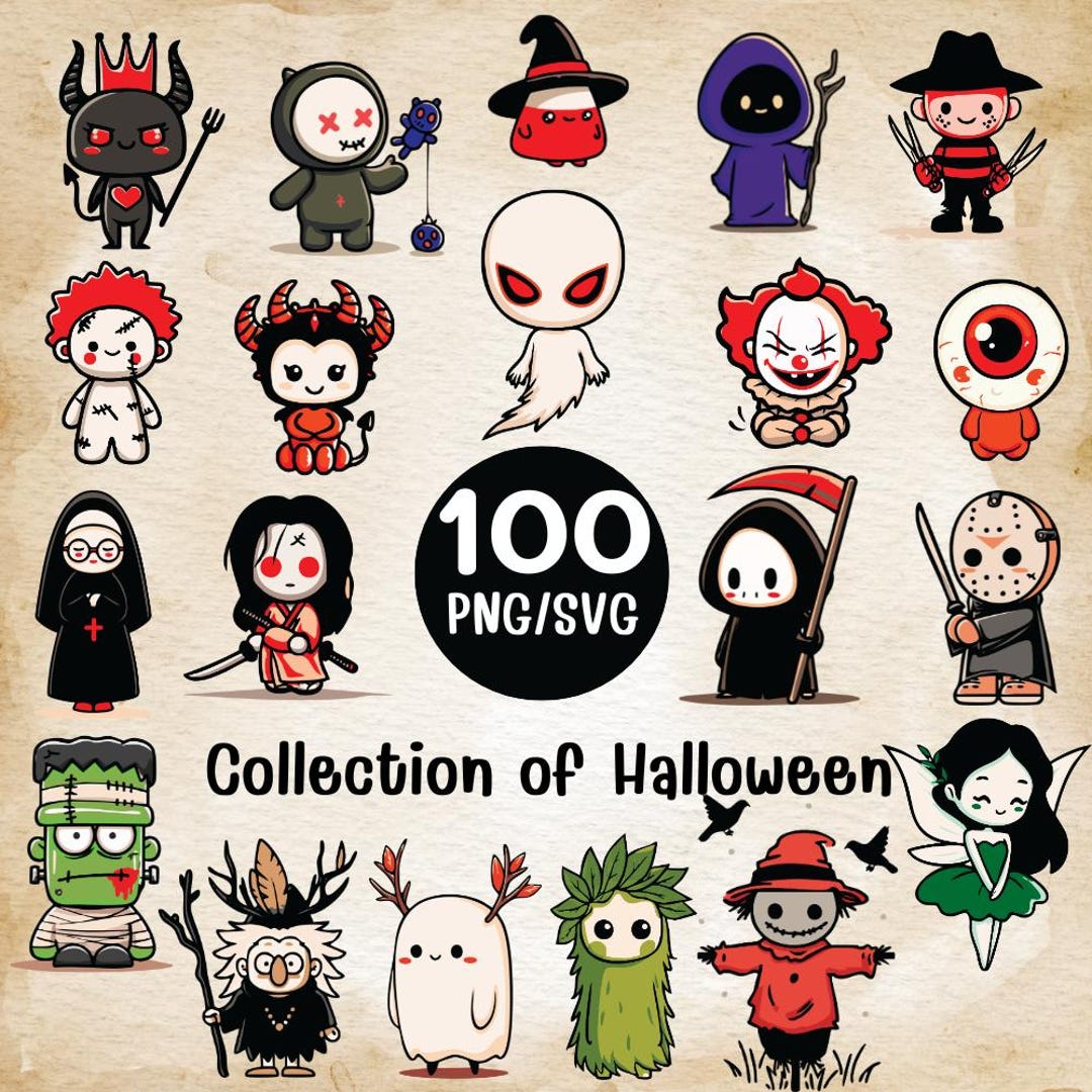 Kawaii Halloween Clipart Bundle | 100 PNG SVG Horror Characters ...