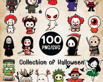 Kawaii Halloween Clipart Bundle | 100 PNG SVG Horror Characters (Digital Download)