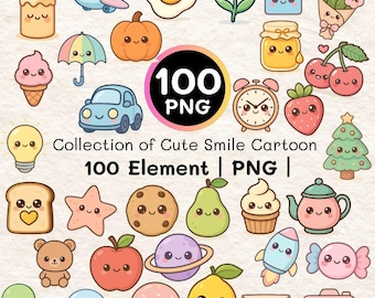 100 Kawaii Smile Clipart | Cartoon PNG Bundle (Digital Download)