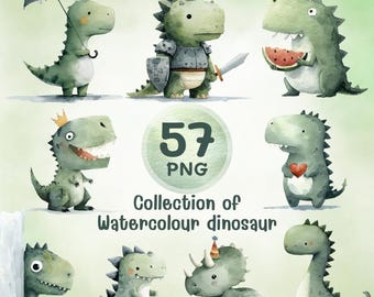 Watercolor Dinosaur Clipart Bundle | 57 Dino Characters (PNG)