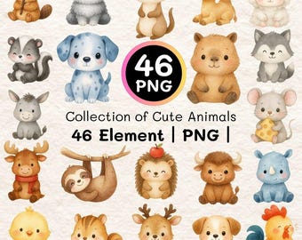 Watercolor Animals Clipart | 46 PNG Nursery Art Elements (Digital Download)