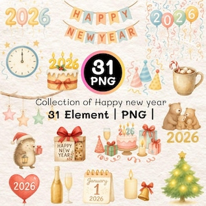 Puede incluir: Ilustraciones en acuarela para el Año Nuevo 2026. Incluye globos, pancartas, un reloj, pastel, regalos, un calendario, un árbol de Navidad y un erizo. La imagen incluye el texto "Happy New Year" y "31 PNG".