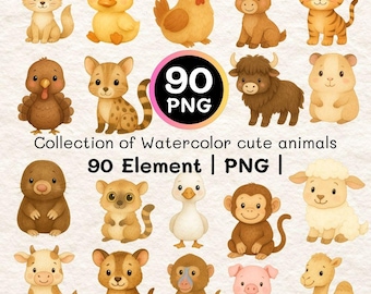Watercolor Cute Animals Clipart | 90 PNG Bundle |