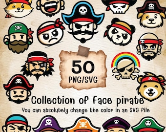 Pirate Face Clipart Bundle | 50 Kawaii Characters (SVG, PNG)