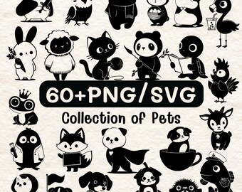 Kawaii Pet Clipart Bundle | 60+ Animals, Cats, Dogs, Pandas (SVG PNG)