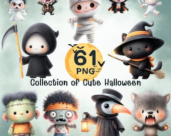 Chibi Halloween Characters Clipart Bundle | 61 PNG Files, Spooky Friends