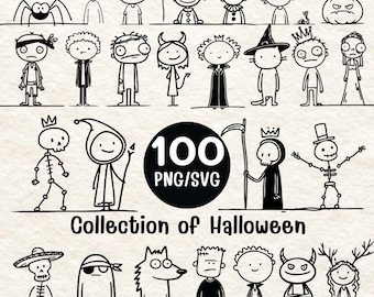 100 Halloween Stick Figure Clipart Bundle | Doodle Horror Characters (PNG SVG)