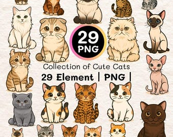 Kawaii Katze Clipart Bundle | 29 PNG Cartoon Zeichnungen (Digitaler Download)