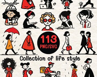 Life Style Clipart Bundle SVG PNG | 113 Doodle Woman Character Clipart |