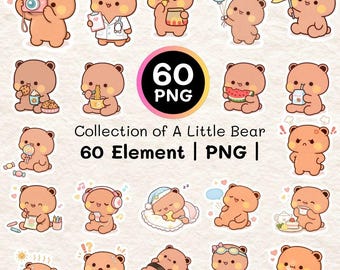 Kawaii Bear Clipart | 60 PNG Illustrations (Digital Download)