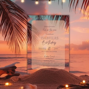 Invito per festa di compleanno in spiaggia, modello di invito per festa di compleanno estiva con tema oceano, invito per festa in spiaggia, sole estivo, tela modificabile