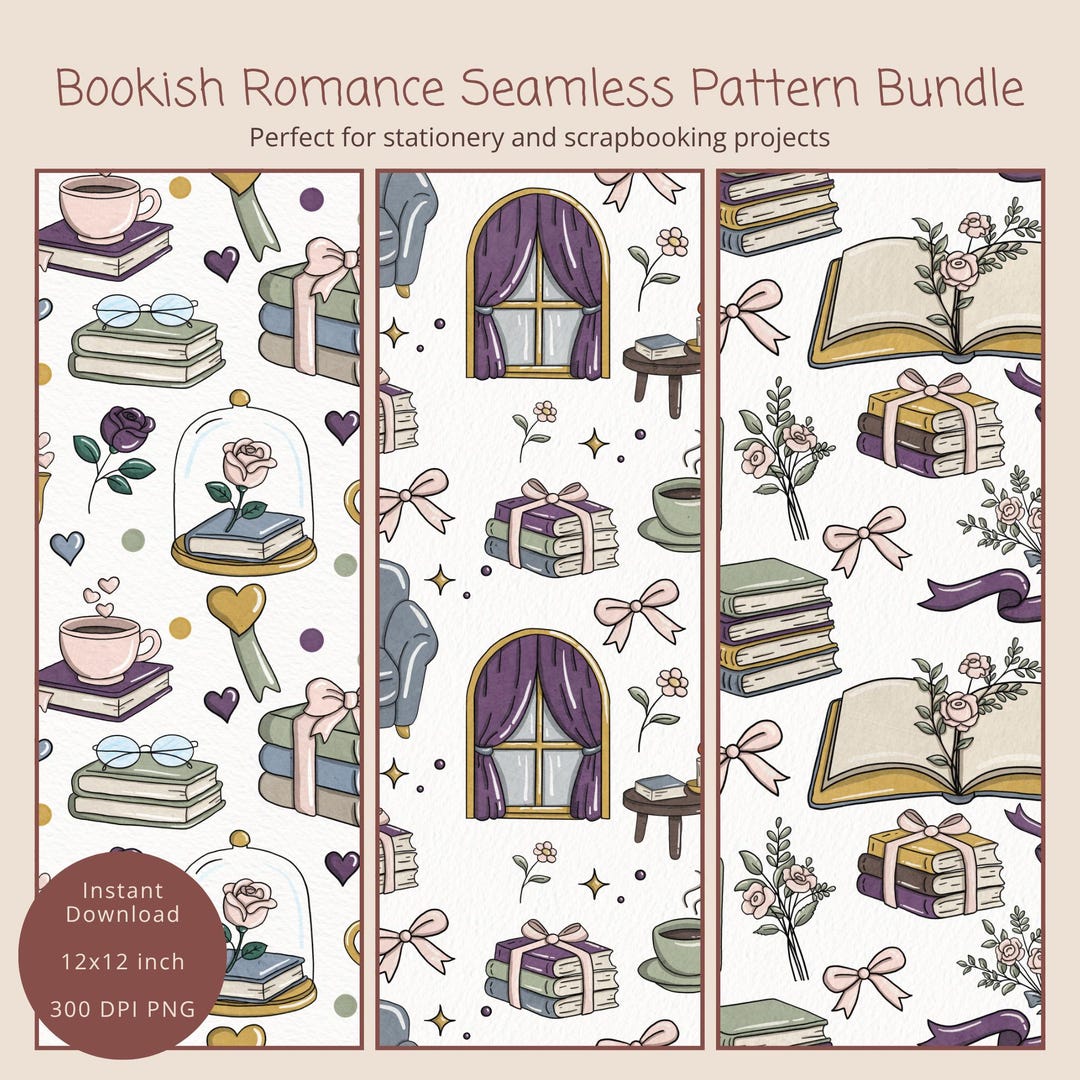 Bookish Romance Seamless Pattern Bundle, PNG, Digital Paper ...