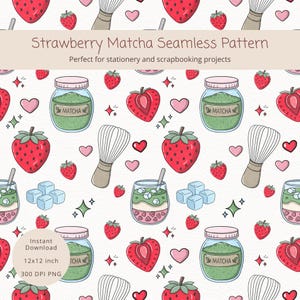 Erdbeere Matcha Musterdesign, PNG, Scrapbook Papier, Coquette Ästhetik, Cutecore, digitaler Download