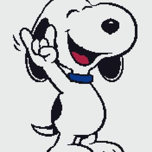 May include: A cartoon illustration of Snoopy, a white dog with black spots, is waving with a smile. Snoopy is wearing a blue collar and has a red tongue visible. The image is a simple, pixelated design.