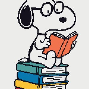 May include: A pixel art illustration of a white beagle with black ears wearing round glasses, sitting on a stack of four colourful books while reading an open orange book. The stack consists of a teal, blue, yellow, and dark red book in descending order.