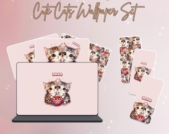 Puede incluir: Un conjunto de fondos de pantalla digitales con ilustraciones de gatos adorables, aptos para teléfonos, tabletas y escritorios. Los diseños presentan gatitos adorables sobre un fondo rosa, con el texto "XOXO". El tema general es un diseño lindo y juguetón.