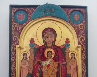 Madonna Platitera with Child Jesus Romanian Folk Byzantine Icon Madonna on the Throne with Archangels,Madonna with Child Jesus Mother of God