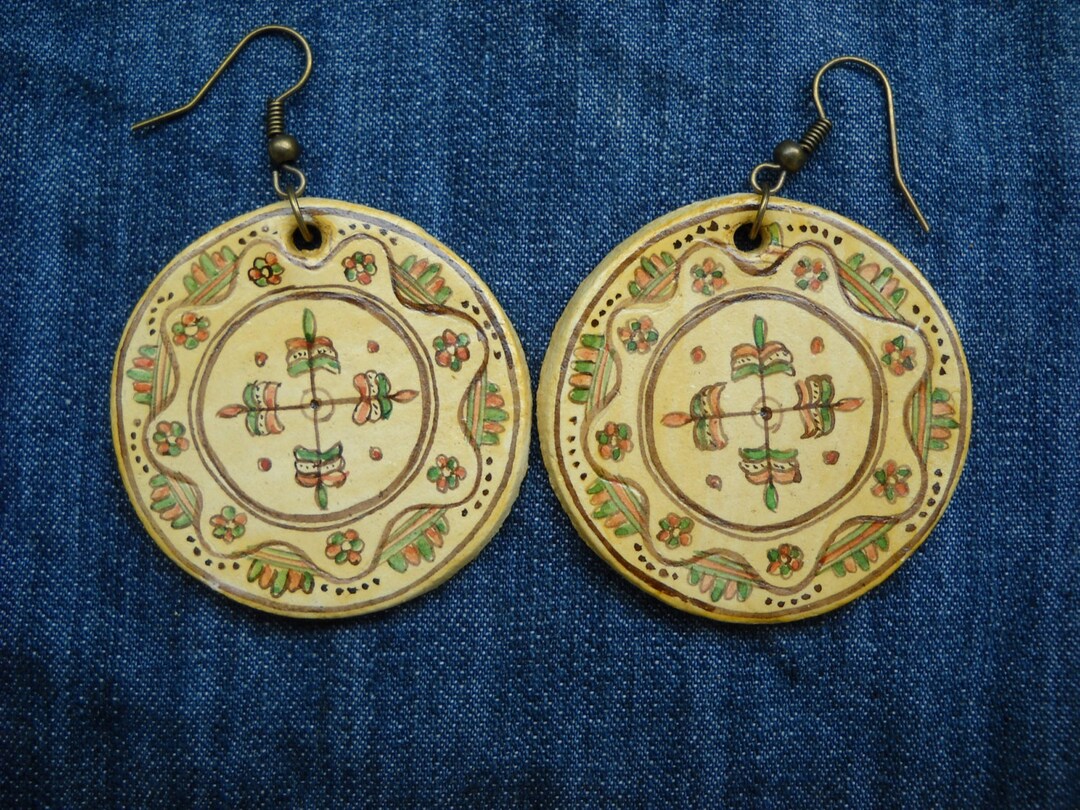 Romanian Traditional Motif Earrings Original Folk Art Painting Folk 