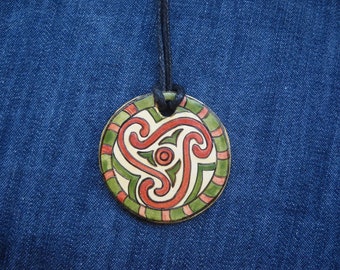 Wearable Art Pendant, Sacred Geometry,pendant motifs belonging Cucuteni,Folk Art,Hand Painted Jewellery- celtic love knot triskele celtic