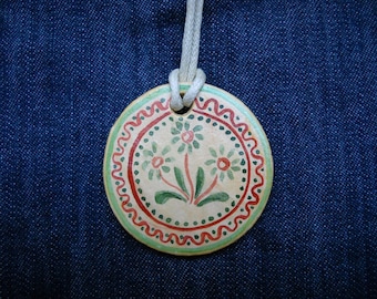 Primitive jewelry, traditional motif pendant, necklace- Flower Folk Hand Painted Jewellery - Pendant Necklace - Original Wearable Art