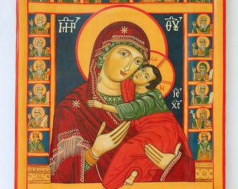 Madonna with Child Jesus, surrounded by saints, Romanian Byzantine Icon, blessed Icon of Saint Mary and the child Jesus, Theotokos