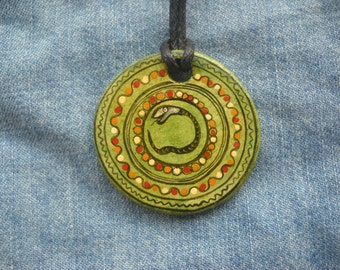 Round Circle Filigree Ceramic Snake Pendant Necklaces Pottery - Romanian traditional motif - clay snake pendant necklace