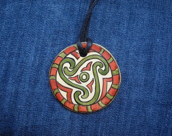 Sacred Geometry Ceramic Pendant- Celtic triple spiral Sacred Geometry Pendant Necklace Jewelry- Life, death, rebirth, Folk art painting