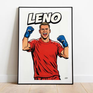 May include: A framed pop art style print featuring a smiling man in a red jersey with white stripes and blue gloves. The word "LENO" is printed in bold, white letters above the man's head. The artwork is set against a white background.