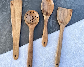 Cooking Utensils Set, Acacia Wooden Utensil Set, Kitchen Utensils, Handmade Cooking Set of 4, Spatula and Spoon Set