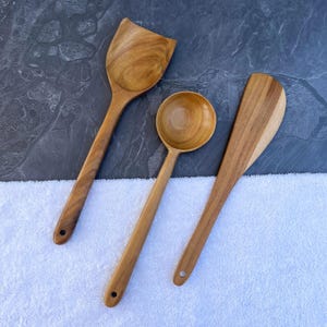 Handgefertigtes Teak Holz Utensilien Set, 3-teilige Pfannenwender und Löffel Werkzeuge