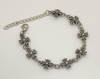 925 Sterling Silver Vintage Silver Floral Cross Chain Bracelet