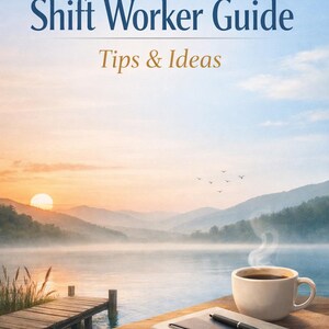 Puede incluir: Una portada de libro con el título "Shift Worker Guide" y el subtítulo "Tips & Ideas". Una taza de café, un cuaderno y un bolígrafo descansan sobre una superficie de madera. El fondo presenta un lago, montañas y un amanecer.
