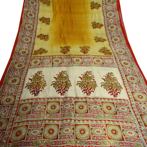 Vintage Indian Traditional 100% Pure Silk Saree Sarong Fabric Art Deco Used Yellow Floral Printed Saree 5 Yard PS24527
