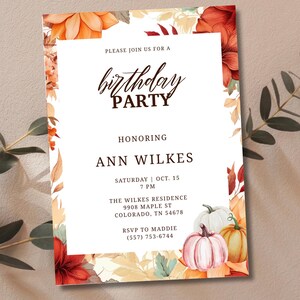 Fall Floral Birthday Invitation: Rustic Pumpkin Design (DIY Editable Template)