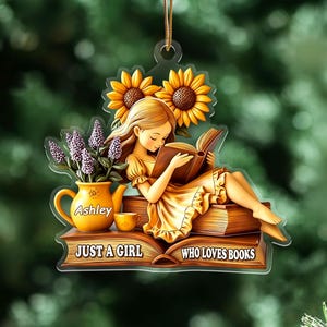 Sunflower Reading Girl Acrylic Ornament, Custom Name Acrylic Holiday Decor For Reader, Floral Reader Decoration, Cozy Bookworm Hanging Decor